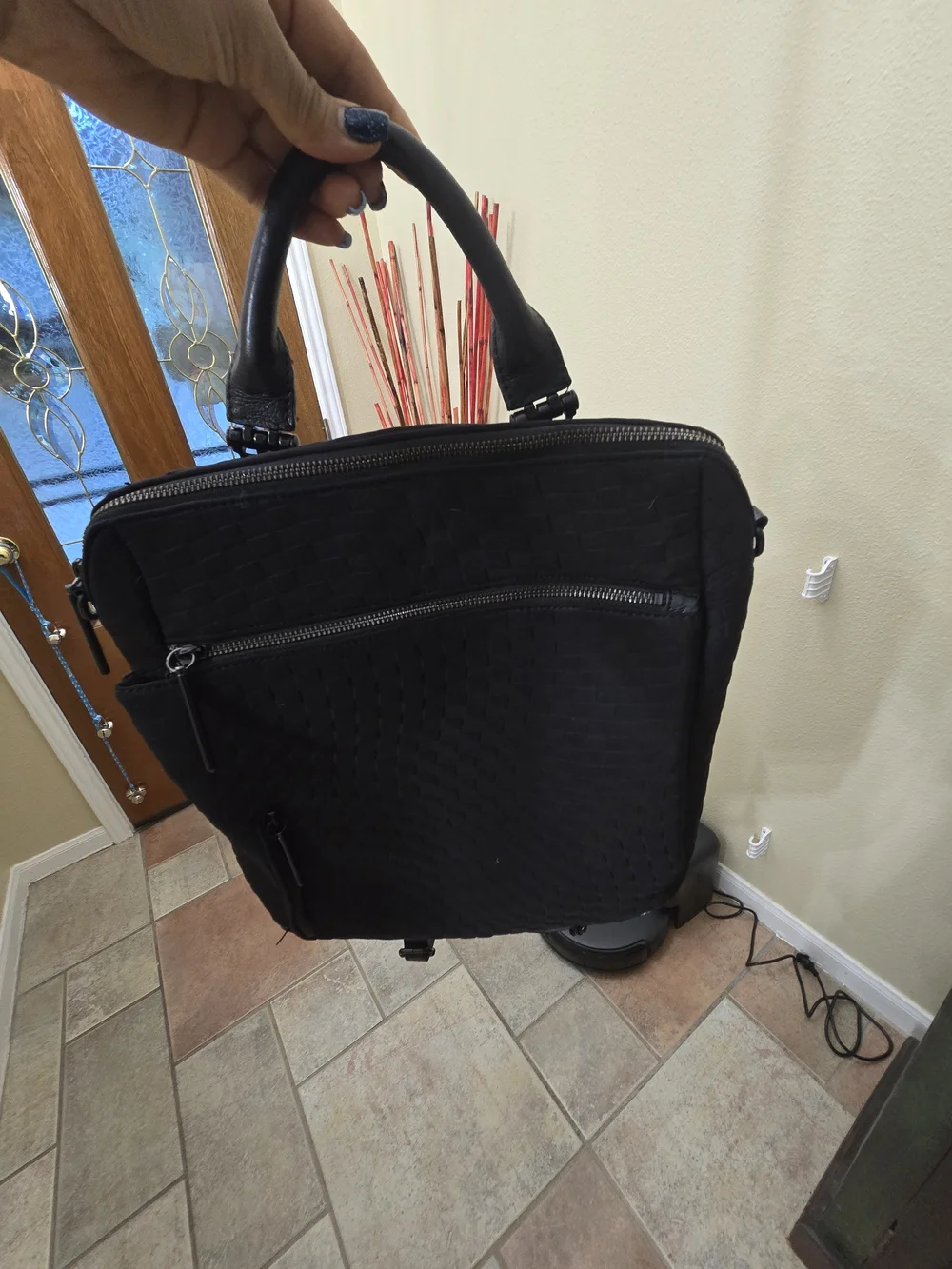 Black Woven Backpack Purse-Style Carry Bag